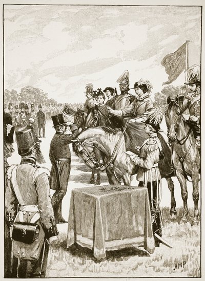 Königin Victoria bei der ersten Verleihung des Victoria Cross, Illustration aus Cassells Illustrated History of England von English School