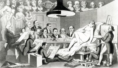 Die R.A.s des Genies reflektieren über die wahre Linie der Schönheit an der Life Academy Someset House, veröffentlicht von Sherwood, Jones & Co., 1824 von English School