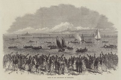 Rennen von sechs Rettungsbooten in Penzance (Gravur) von English School