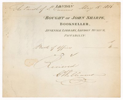 Quittung von John Sharpe, Buchhändler, Juvenile Library, London Museum, Piccadilly, London von English School