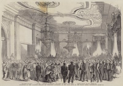 Empfang der japanischen Botschaft durch Präsident Buchanan im Ostzimmer des Weißen Hauses, Washington (Stich) von English School