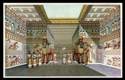 Rekonstruktion der Halle eines assyrischen Palastes, aus Entdeckungen in den Ruinen von Ninive und Babylon von Austen Henry Layard von English School