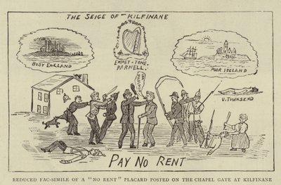 Reduzierte Faksimile eines "No Rent"-Plakats am Kapellentor in Kilfinane (Stich) von English School