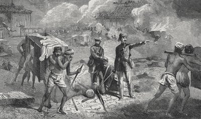 Evakuierung der Kranken und Verwundeten in Lucknow von der Residenz nach Dilkoosha in der Nähe der Stadt von English School