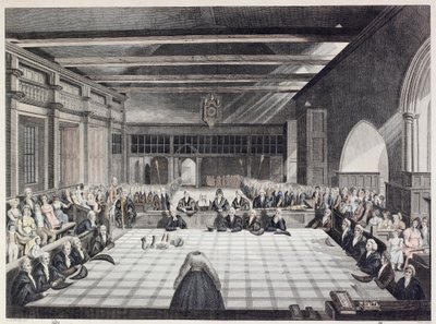 Darstellung der Zeremonie der Übergabe der Sheriffs von London (farbiger Stich) von English School