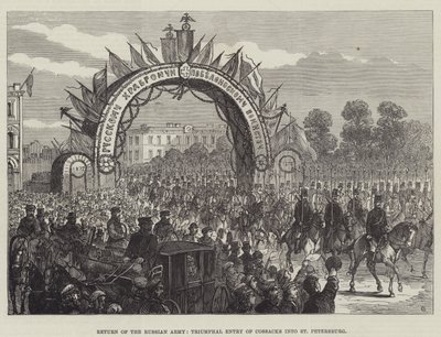 Rückkehr der russischen Armee, Triumphaler Einzug der Kosaken in St. Petersburg (Gravur) von English School