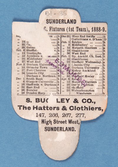 Rückseite von Kann nicht geschlagen werden. Spiel auf Sunderland. Buckleys Hüte von English School