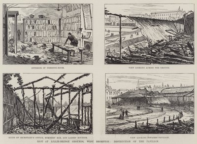Aufruhr auf dem Lillie-Bridge-Gelände, West Brompton, Zerstörung des Pavillons (Gravur) von English School