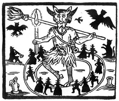 Robin Goodfellow, dargestellt als Priapus mit Ziegenhörnern, erigiertem Penis und umgeben von einem Kreis tanzender Verehrer von English School