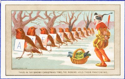 Rotkehlchen und Clown im Schnee, Weihnachtskarte von English School