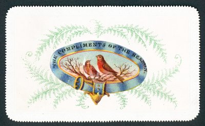 Rotkehlchen sitzen im Oval mit Farnumrandung, Weihnachtskarte von English School