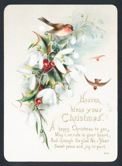 Rotkehlchen mit Stechpalme und Schneeglöckchen, Weihnachtskarte von English School