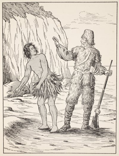 Robinson Crusoe und Freitag, Illustration aus Die Geschichte von Robinson Crusoe: Eine Adaption für Kinder nach Defoes Sprache, veröffentlicht von Griffith Farran Browne & Co. Limited, London von English School