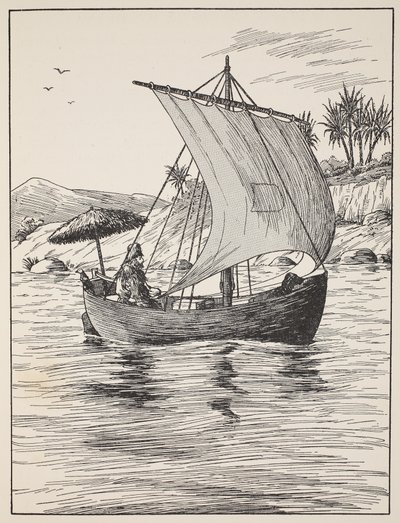 Robinson Crusoe auf seinem Boot, Illustration aus Die Geschichte von Robinson Crusoe: Eine Adaption für Kinder nach Defoes Sprache, veröffentlicht von Griffith Farran Browne & Co. Limited, London von English School