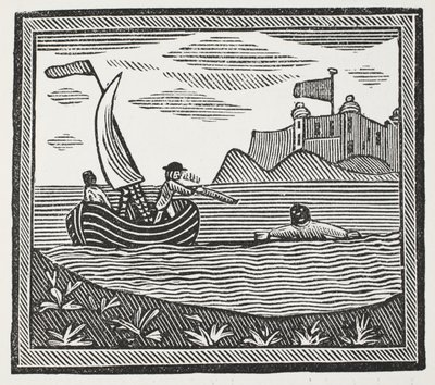 Robinson und Xury entkommen den Mauren, Illustration aus Chap-books des achtzehnten Jahrhunderts von John Ashton, veröffentlicht 1882 von English School
