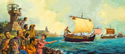 Römische Soldaten verlassen Britannien an Bord eines Schiffes von English School