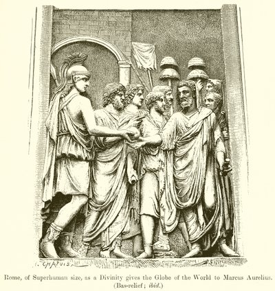 Rom, von übermenschlicher Größe, als Göttin übergibt die Weltkugel an Marcus Aurelius (Basrelief; ebenda) von English School