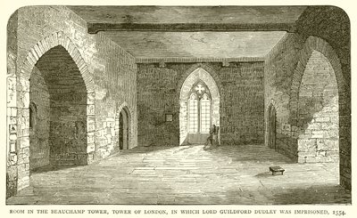 Zimmer im Beauchamp Tower, Tower of London, in dem Lord Guildford Dudley eingesperrt war, 1554 von English School