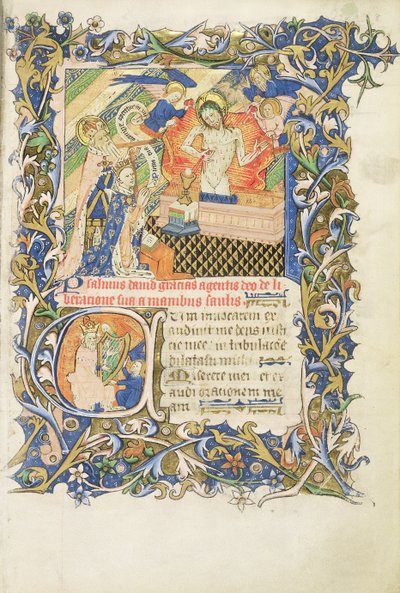 Gekrönte Figur, unterstützt von einem grau bärtigen Heiligen, der vor einem Bild der Barmherzigkeit kniet, aus dem Psalter von Humphrey Duke of Gloucester, ca. 1420-30 von English School