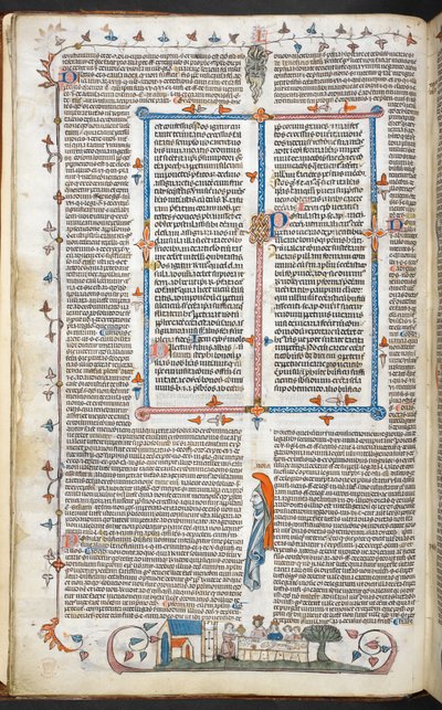 Royal 10 E. IV, f.250v Text mit Randdekoration und ein König beim Essen, Illustration aus den 