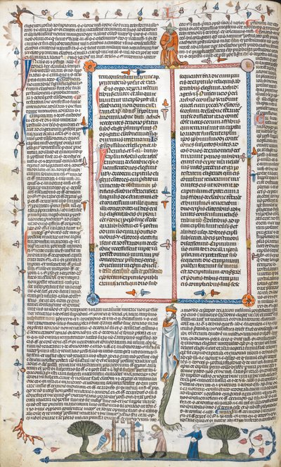 Text und Bas-de-page-Szene eines Mannes und einer Frau vor einem Gebäude, aus 