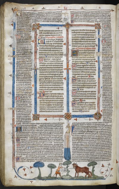 Königliche 10 E IV fol. 294v Mann greift einen Ochsen an, aus den Smithfield-Dekretalen (Dekretalen von Gregor IX), um 1340 von English School