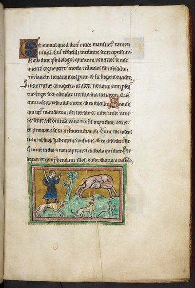 Ein Wolf (?) mit Blut im Maul und ein Jäger mit Hunden, aus dem Rochester Bestiarium, 2. Viertel des 13. Jahrhunderts von English School
