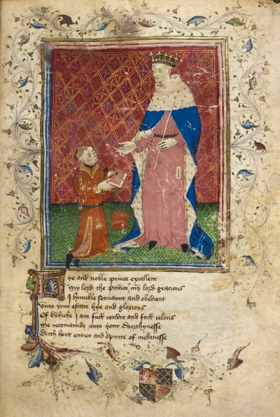 Präsentationsszene mit Thomas Hoccleve, der sein Buch Heinrich V. überreicht von English School