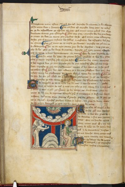Ein Löwenmaul und auf einem umgekehrten Bogen aus Wolken sechs Köpfe, die die sieben Donner darstellen: unten links der Engel und rechts Johannes, der im Begriff ist, in das Buch zu schreiben, aus 
