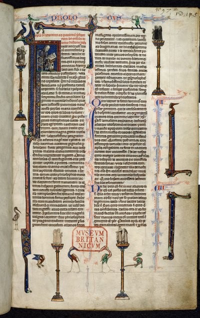 Royal 1 D I, f.1r, Hieronymus, Mönche auf Säulen, aus der Bibel von William of Devon (Pergament) von English School