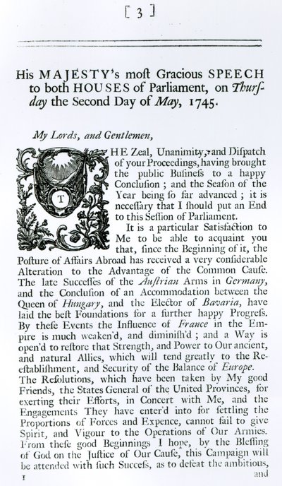 Königliche Rede vor beiden Häusern des Parlaments, 2. Mai 1745 (Druck) von English School