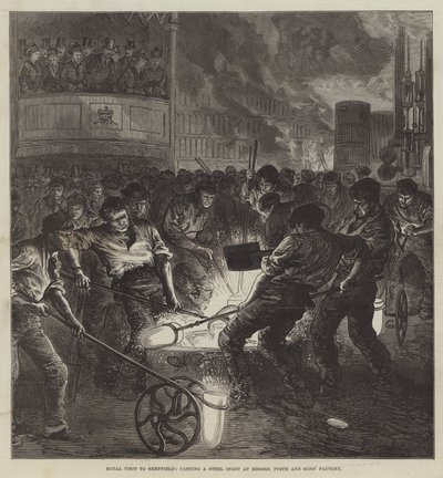 Königlicher Besuch in Sheffield, Gießen eines Stahlblocks in der Fabrik von Messers Firth und Söhne (Stich) von English School
