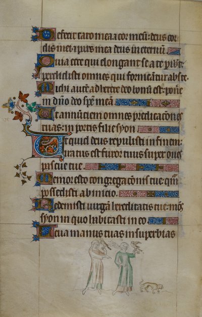 Bas-de-page-Szene von zwei Frauen, die Falken tragen, und einem kleinen Hund vor ihnen, mit einer bewohnten Initiale, Illustration aus dem 
