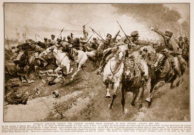 Russische Kosaken greifen die deutschen Totenkopfhusaren an, 1914-19 von English School