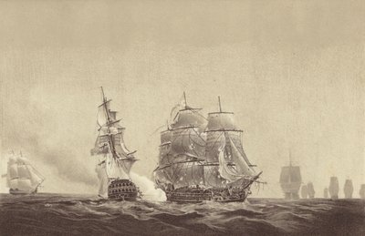 Russisches Schiff Vsevolod streicht ihre Farben vor der HMS Implacable, angegliedert an die schwedische Marine und kommandiert von Kapitän Thomas Byam Martin, in der Ostsee, 26. August 1808 von English School