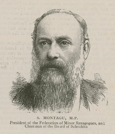 S Montagu, MP, Präsident der Federation of Minor Synagogues und Vorsitzender des Board of Schechita von English School
