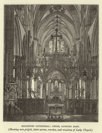 Salisbury Kathedrale, Chor, Blick nach Osten, zeigt neue Kanzel, Chorschranke, Reredos und Fenster der Lady Chapel von English School