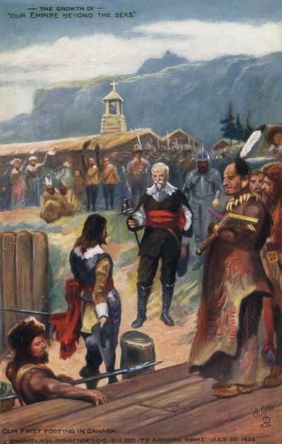 Samuel de Champlain übergibt Quebec an Admiral Kirke, 20. Juli 1629 von English School
