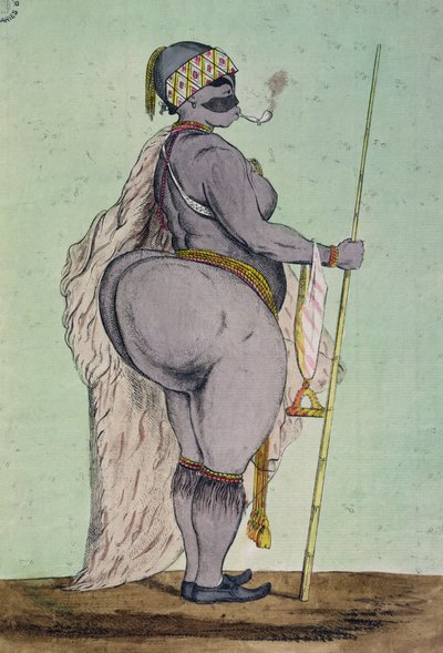 Sartjee, die Hottentotten-Venus, jetzt in London ausgestellt, nach dem Leben gezeichnet, ca. 1810 von English School