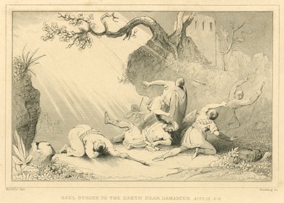 Saul wird in der Nähe von Damaskus zu Boden geschlagen, Apostelgeschichte IX, 3-4 (Gravur) von English School