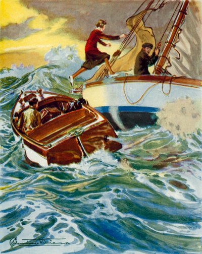 Szene aus Four Valves und Sheila: Eine Frau springt von einem Motorboot auf eine Yacht in stürmischer See von English School