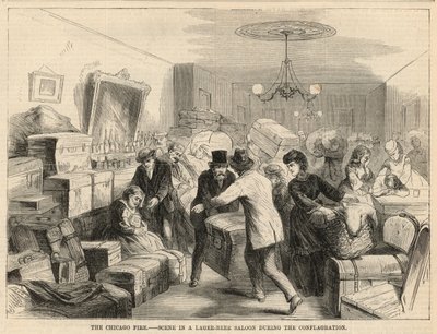 Szene in einem Lagerbier-Salon während des Brandes von English School