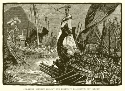 Seeschlacht zwischen Ptolemaios und Demetrios Poliorketes vor Salamis von English School