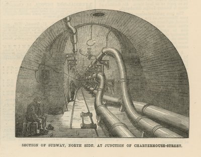 Querschnitt der U-Bahn, Nordseite, an der Kreuzung der Charterhouse Street von English School