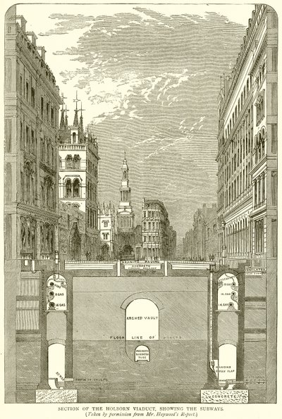 Querschnitt des Holborn Viadukts, der die U-Bahnen zeigt von English School
