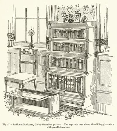 Sektionales Bücherregal, Globe-Wernicke-Muster, das separate Fach zeigt die Schiebetür aus Glas mit Parallelbewegung von English School