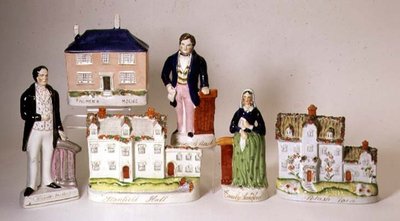 Auswahl betitelter Staffordshire-Figuren: Stanfield Hall; Potash Farm; Palmer