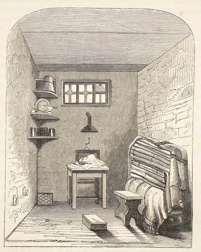 Separate Zelle im alten Teil des Gefängnisses von Brixton, Illustration aus The Criminal Prisons of London and Scenes from Prison Life von Henry Mayhew und John Binny, veröffentlicht 1862 von English School