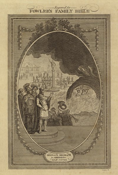 Schadrach, Meschach und Abednego, Daniel, Kapitel 3, Vers 22 (Gravur) von English School