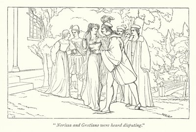 Der Kaufmann von Venedig; Portia enthüllt sich als der vorgetäuschte Doktor der Gesetze (Stich) von English School